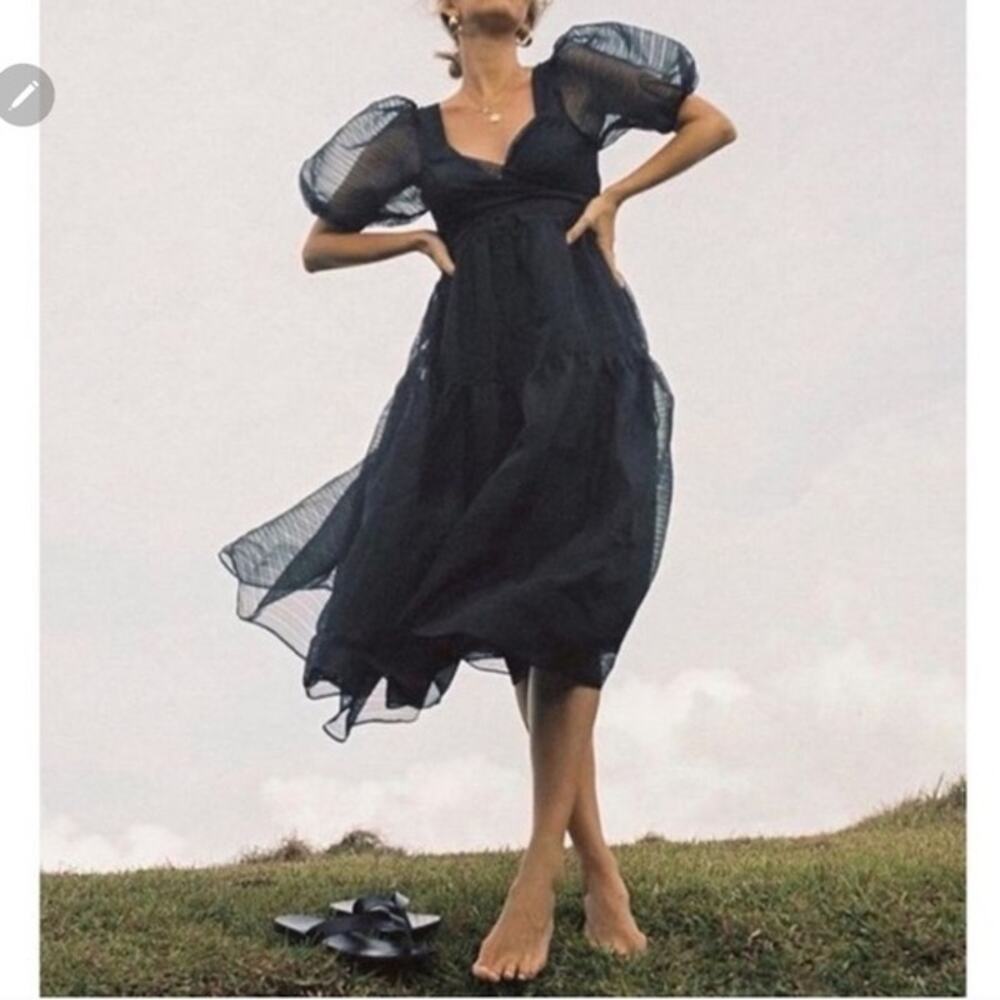 NWT Free People Hailey Puff Sleeve Sheer Midi Dress Black Size 12 $168 Romantic